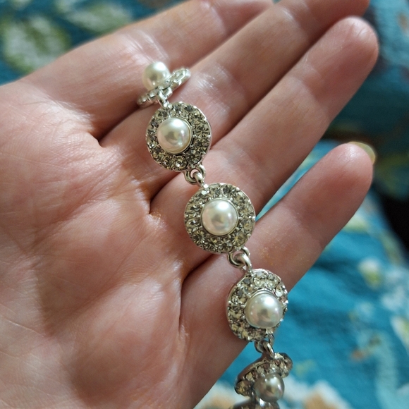 Icing Silver Tone  Rhinestone Faux Pearl Bracelet - Picture 3 of 4